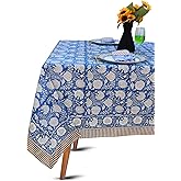 Handblock Print Cotton Tablecloth – 60x60 Square Table Cover Seats 6–8 – Indian Block Printed Floral Dining Table Linen – Boho Washable Cloth for Kitchen, Party, Outdoor (Vibrant Blue)