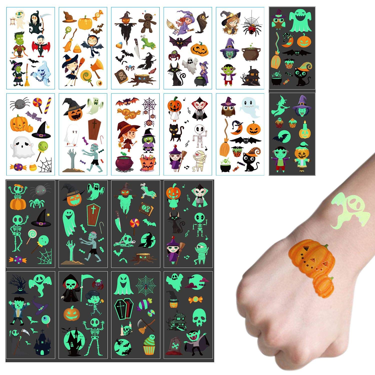 obqo 187 PCS Halloween Temporary Tattoos for Kids Assorted Halloween Luminous Temporary Sticker for Kids Girls Boys for Halloween Party Favors Supplies