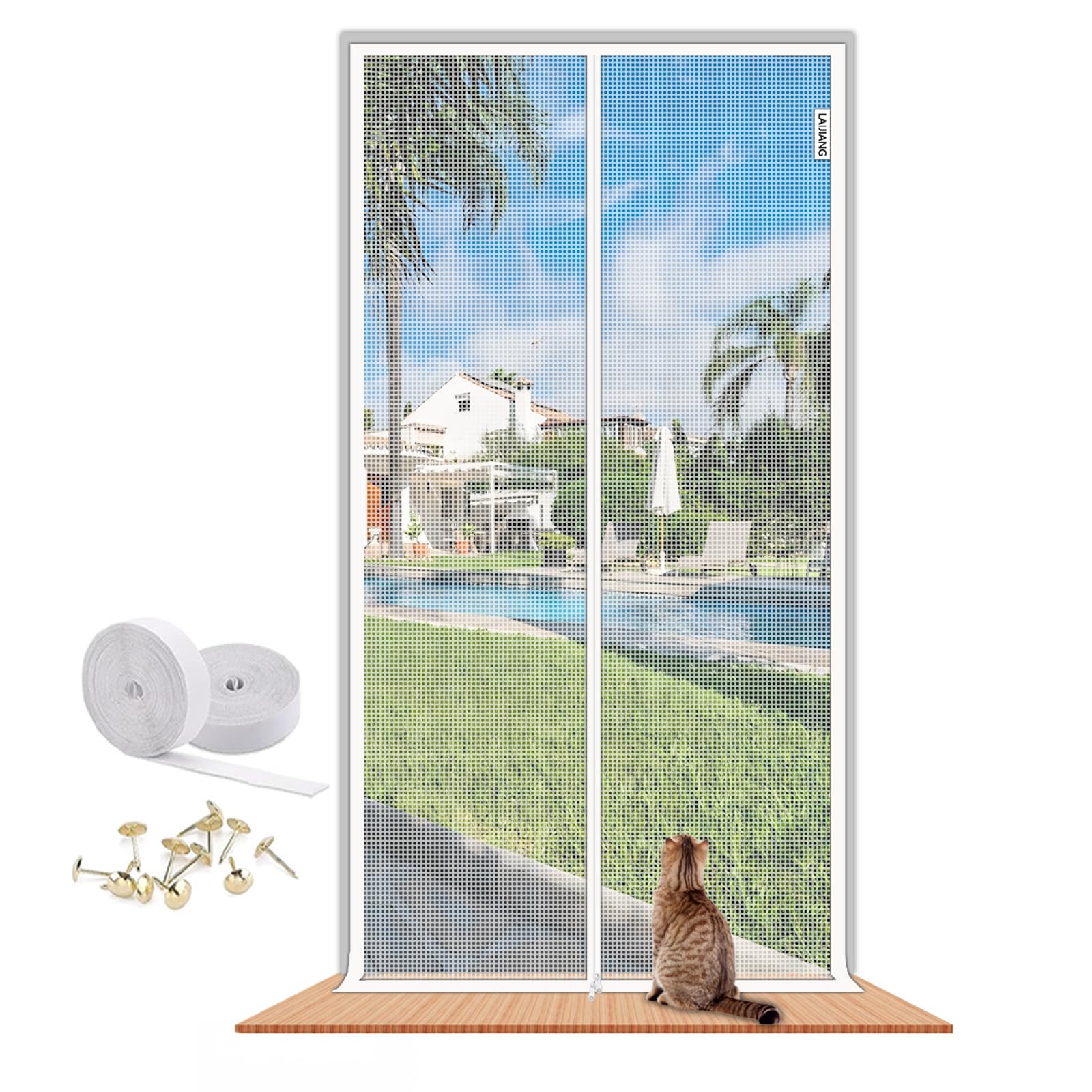 LAIJIANG Cat Screen Door 150x220cm Reinforced Mesh Screen Door With Zipper, Cats Proof Screen Door Keep Pets Indoor For Living Room, Kitchen, Bedroom