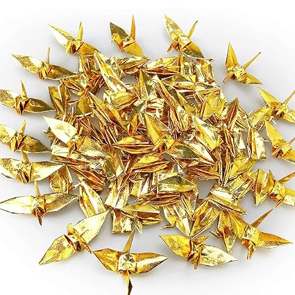 Cieovo 100 Pcs Pearlescent Gold Origami Paper Crane Folded Diy Japanese Crane Mobile String Garland For Wedding Party Backdrop Home Decoration