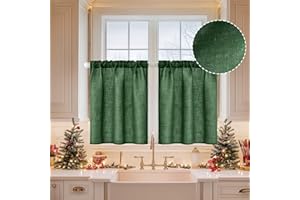 MIULEE Christmas Linen Cafe Curtains 36 Inch Length for Kitchen Bathroom Over Sink 2 Panels, Farmhouse Rod Pocket Short Semi Sheer Light Filtering Tier Curtains for Small Half Window, Emerald Green