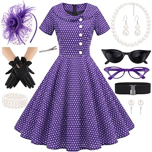 1950s Polka Dot Dresses for Women Tea Party Outfit with 50s Accessories | 50s vintage costume with swing dress, fascinator, r