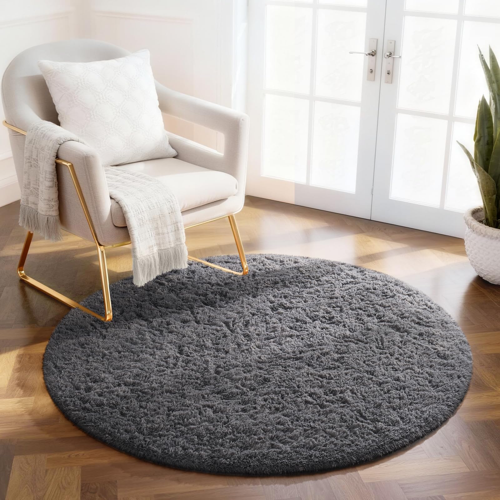 Photo 1 of ***SMALLER IN PERSON*** Ophanie Round Rug 2Ft Grey Circle Area Rug, Fluffy Fuzzy Bedroom Carpet, Plush Soft Shaggy Indoor Floor Gray Living Room Rugs for Kids Home Decor Aesthetic, Nursery
