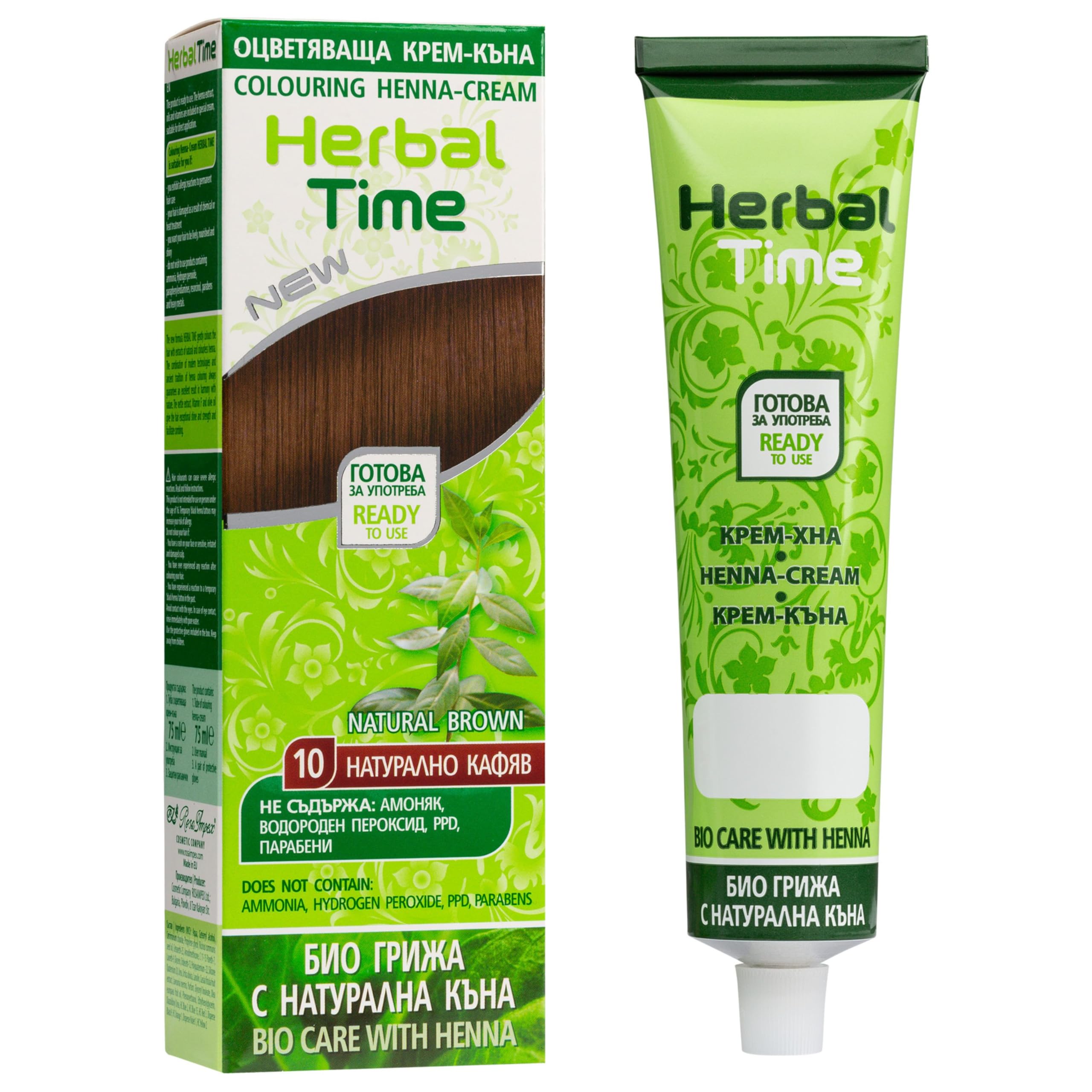 Herbal Time Henna Natural Cream Color Natural Brown Nº 10 | Coloring With Nettle Extract | Gray Hair Cover | Temporary Dye | Ammonia, Sulfates, Parabens Free | 75 ml