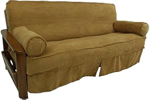 Blazing Needles Solid Microsuede Double Corded 8" to 9" Futon Slipcover Set with 2 Bolster Pillows (Set of 3), Full, Camel