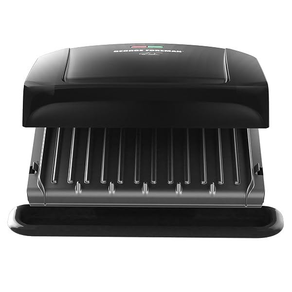 GEORGE FOREMAN 4-SERVING REMOVABLE PLATE ELECTRIC GRILL AND PANINI PRESS, GEORGE TOUGH NON-STICK COATING, DRIP TRAY CATCHES GREASE, BLACK
