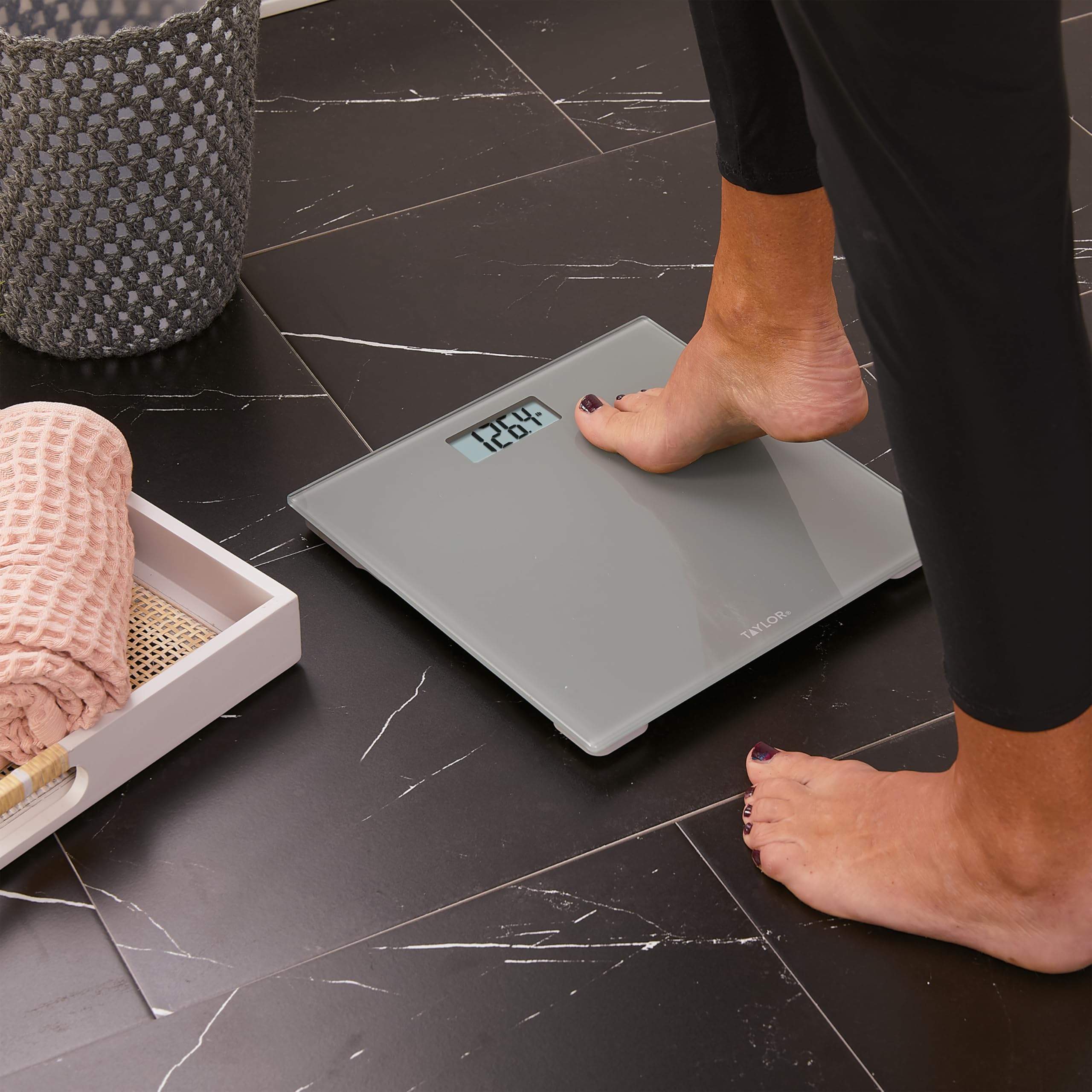 Taylor Digital Scales for Body Weight, Highly Accurate 350 LB Capacity Bathroom Scale, 11.0 x 11.0 Inch Durable Glass Platform, Battery Powered, Easy to Read, Gray
