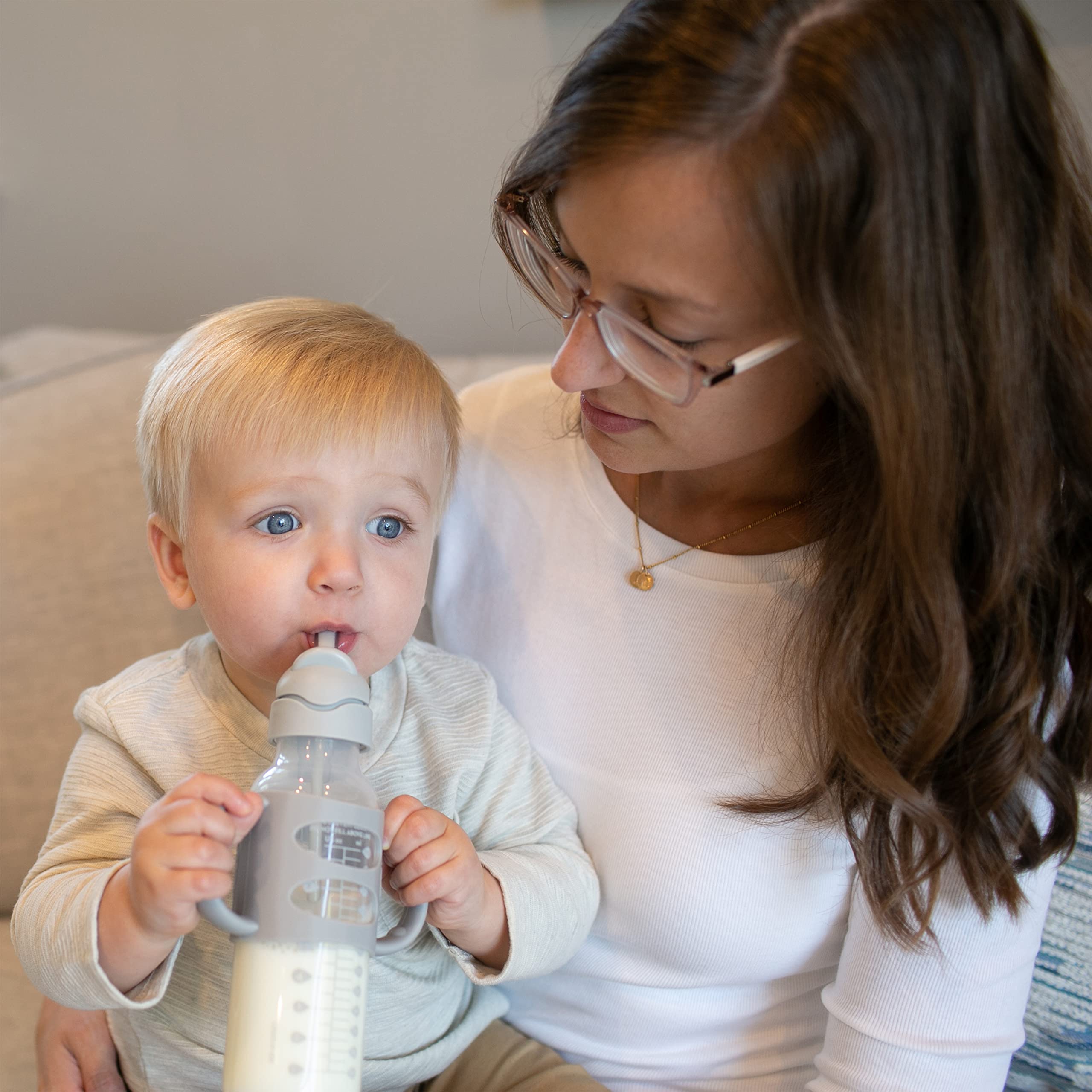 Dr. Brown's Milestones Narrow Sippy Straw Bottle, Spill-Proof with 100% Silicone Handles and Weighted Straw, 8 oz/250 mL, Gray, 6m+