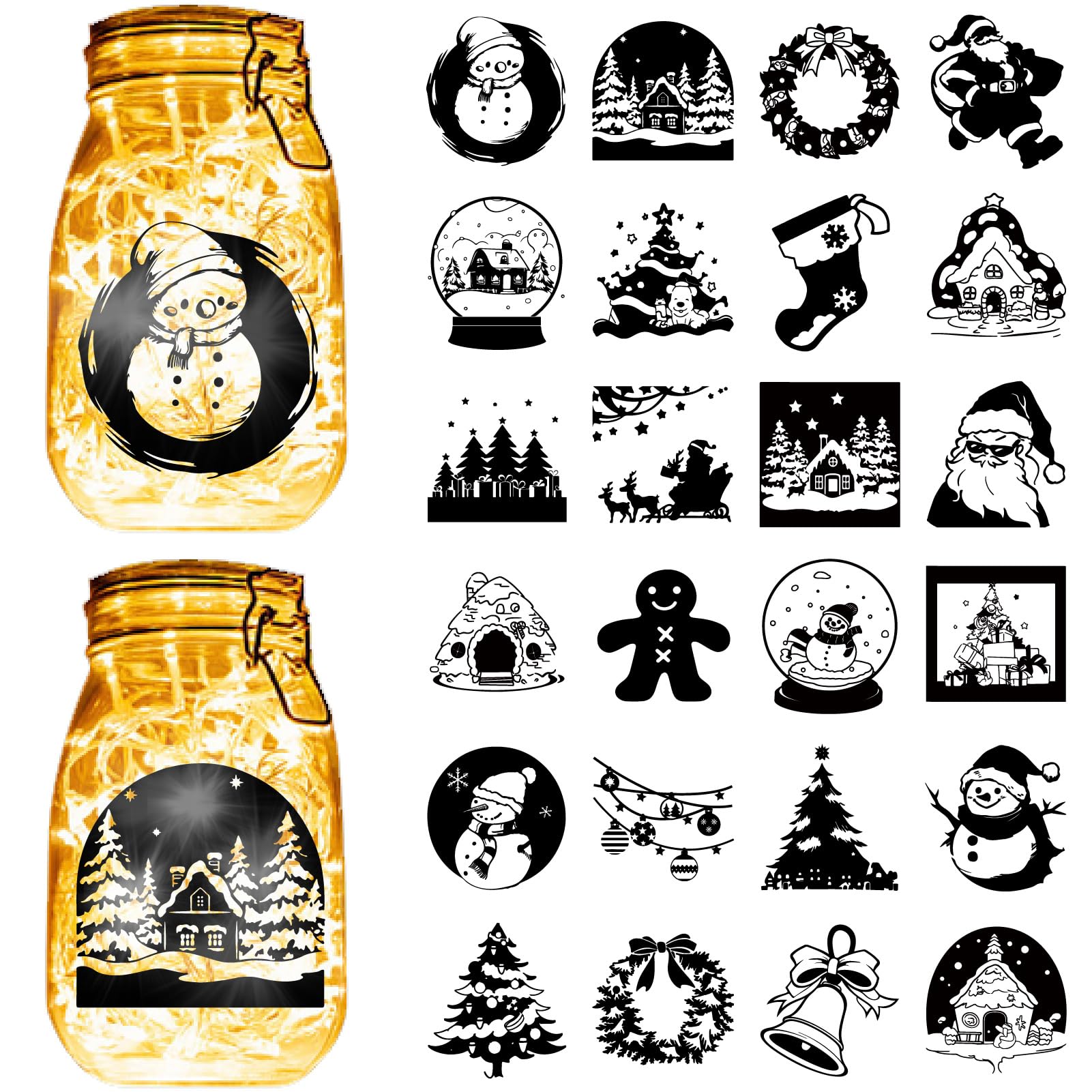 CREATCABIN 24PCS Christmas Silhouettes Stickers Mason Jar Cutouts Decals Santa Claus Snowman Scrapbook Waterproof PVC Lantern Jar Decoration for Wall Windows Frosted Glass Jars Crafts 3.5x3.9in