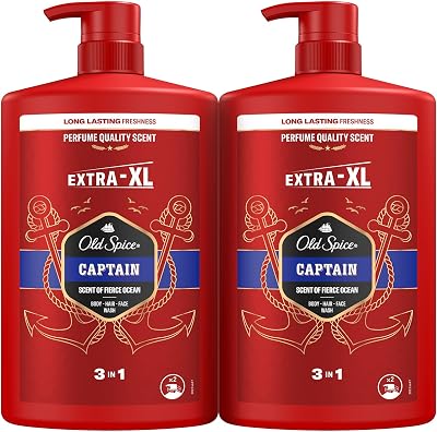 Old spice captain gel de banho e champô para homem, sabonete 3 em 1 para corpo, cabelo e rosto, frescura duradoura, pack 2x1000 ml