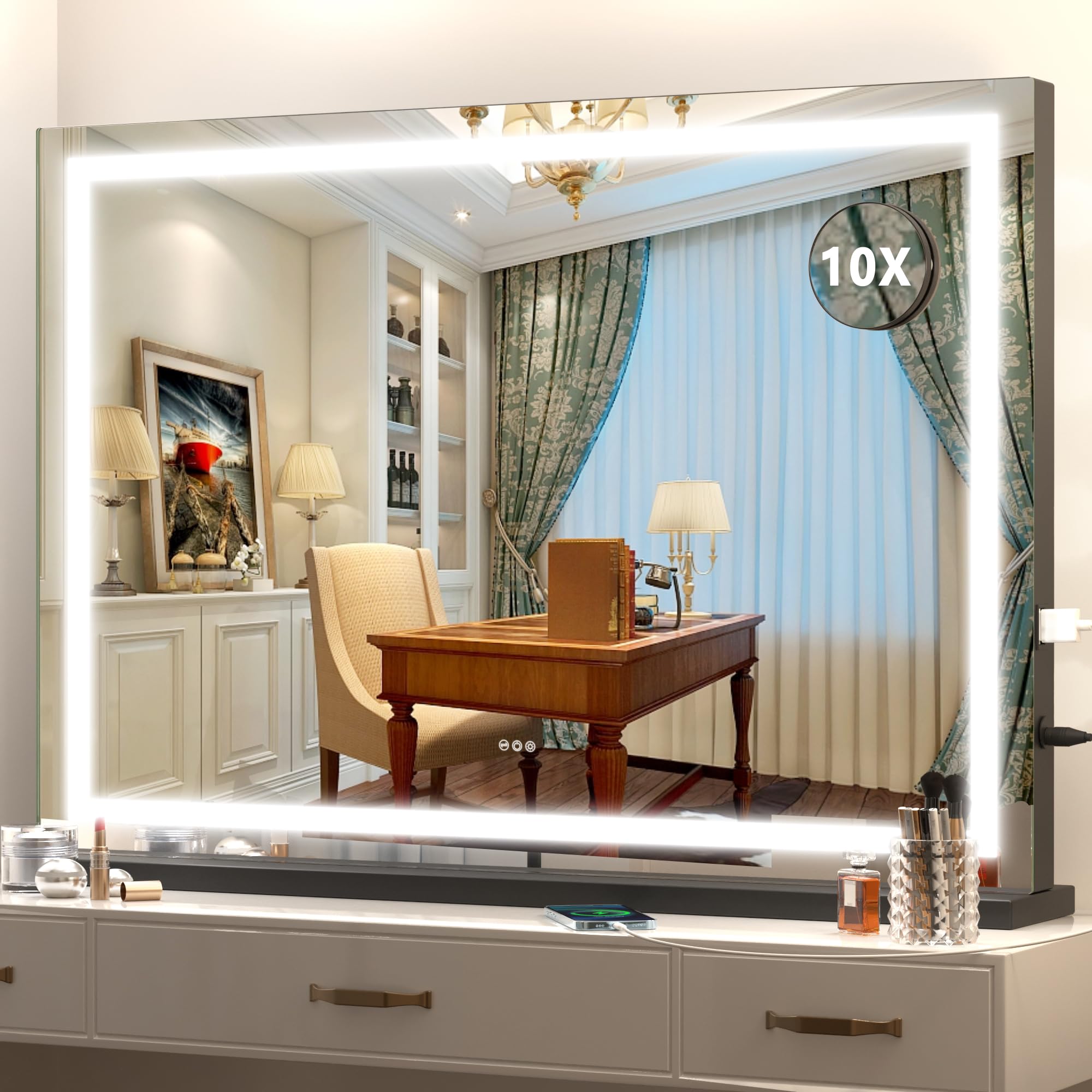 Photo 1 of (GOOD/FAIR) (MISSING POWER CORD)  Hasipu Vanity Mirror with Lights, 32" x 22" LED Makeup Mirror, Lighted Makeup Mirror with Dimmable 3 Modes, Touch Screen Control Vanity Mirror Square Black