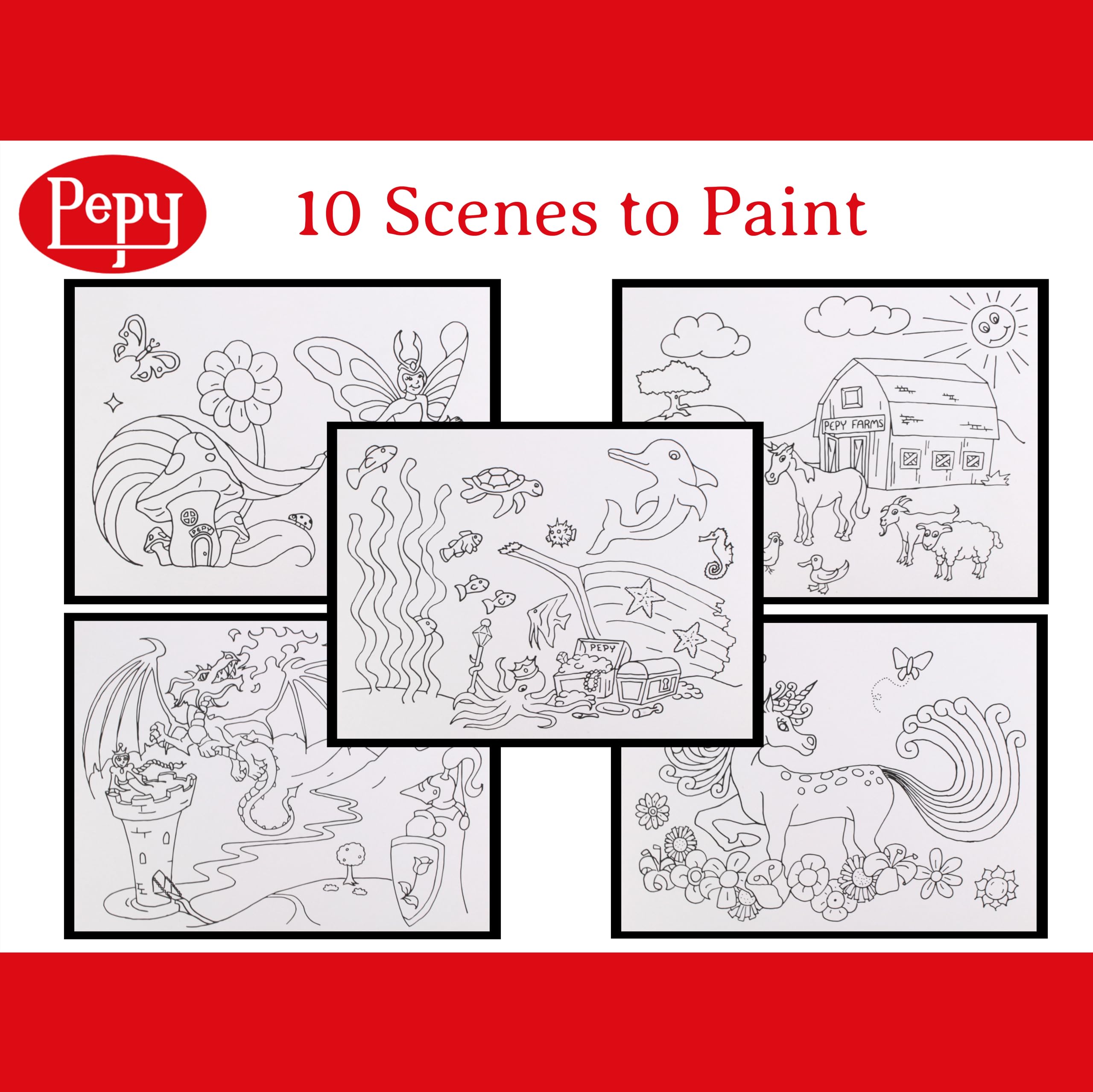 Pepy Watercolor Coloring Book 20 Sheets Total with 10 Plain and 10 Pre-Printed Design Sheets; 9 inches by 12 inches