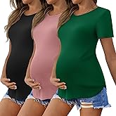 Ekouaer 3 Pack Women Soft Maternity Shirts Ribbed Knit Pregnancy Tops Curved Hem Postpartum Tees Short Sleeve Pregnant Tshirt