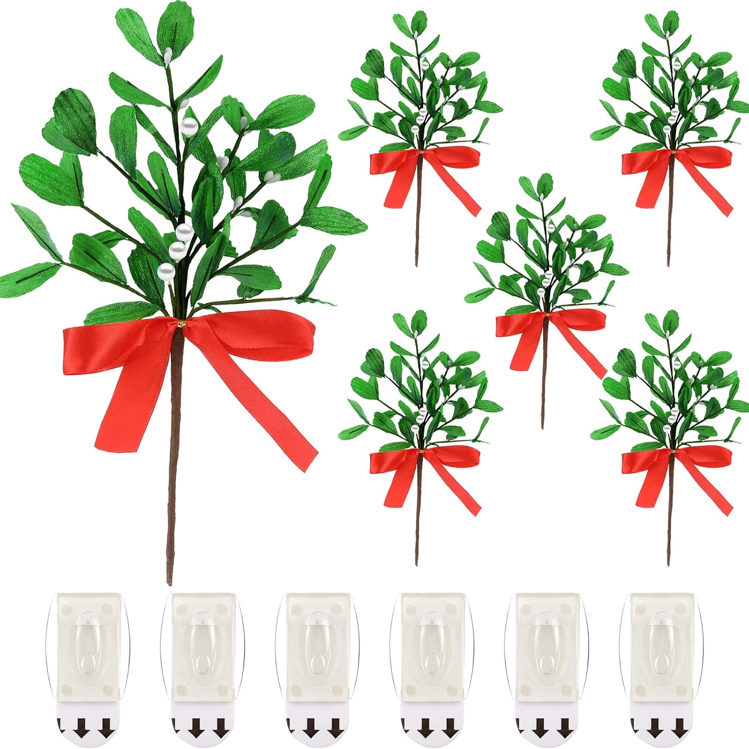 WILLBOND 6 Pieces Artificial Mistletoe Picks Christmas Fake Mistletoe Branches with Red Bow and 6 Pieces Sticky Hooks Adhesive Wall Hanging Hooks for Christmas Party Decor