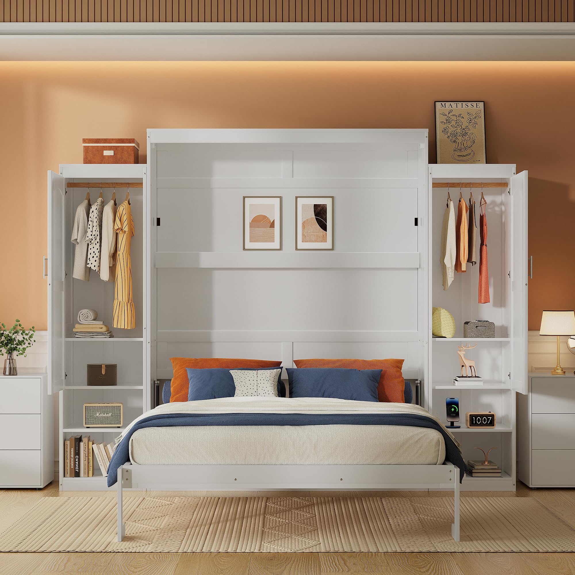 Photo 1 of *****PARTIAL SET******* MISSING BOX 1/4 ******* Queen Murphy Bed Frame with USB Ports & Dual Cabinets for Limited Places, Wooden Foldable Wall Bed with Closet and Storage Shelves for Bedroom Guest Room, Hidden-Away Design & No Box Spring Needed