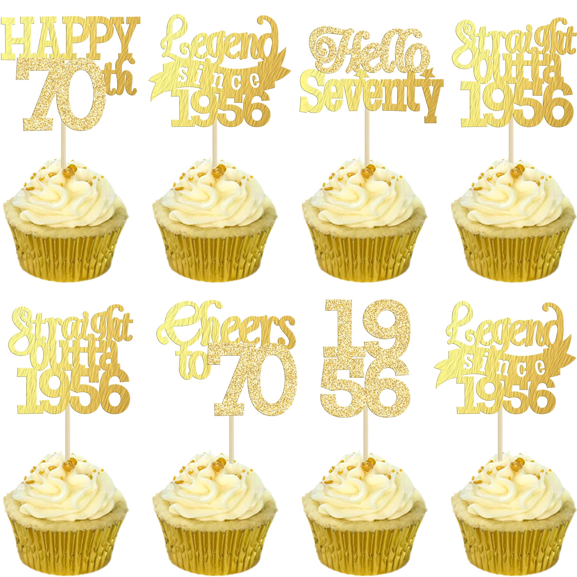 Gyufise 24Pcs Happy 70th Birthday Cupcake Toppers Hello Seventy Legend Since 1956 Cupcake Picks Cheers to 70 Years Cake Decorations for 70th Birthday Anniversary Party Supplies Gold