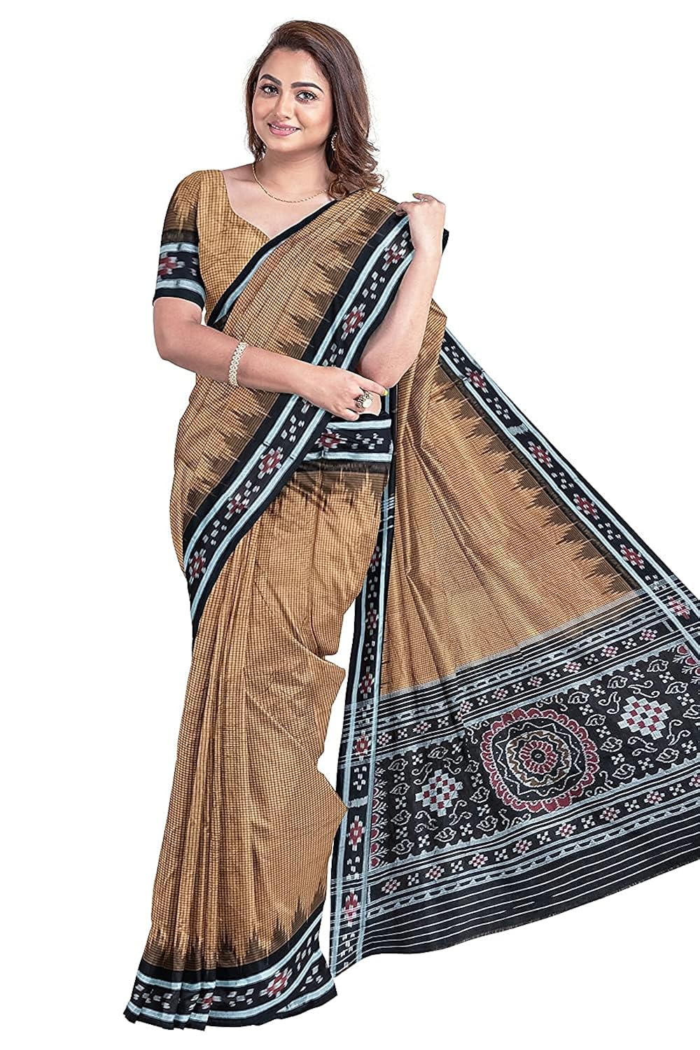Buy ODISHA HANDLOOM PURE IKAT sambalpuri handloom cotton saree of BROWN WITH BLACK khandua