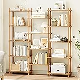 IOTXY Wooden Triple Wide Bookshelf - 5-Tier Large Shelf Bookcase with Solid Beech Frame, Tall Freestanding Open Etagere Display Rack for Home Office, Oak