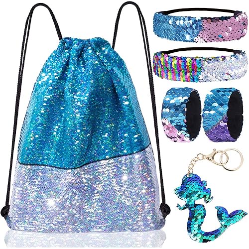 Mermaid Reversible Sequin Drawstring Backpack/Bag Iridescent Dotted Dark SeaGreen/Purple for Kids Girls
