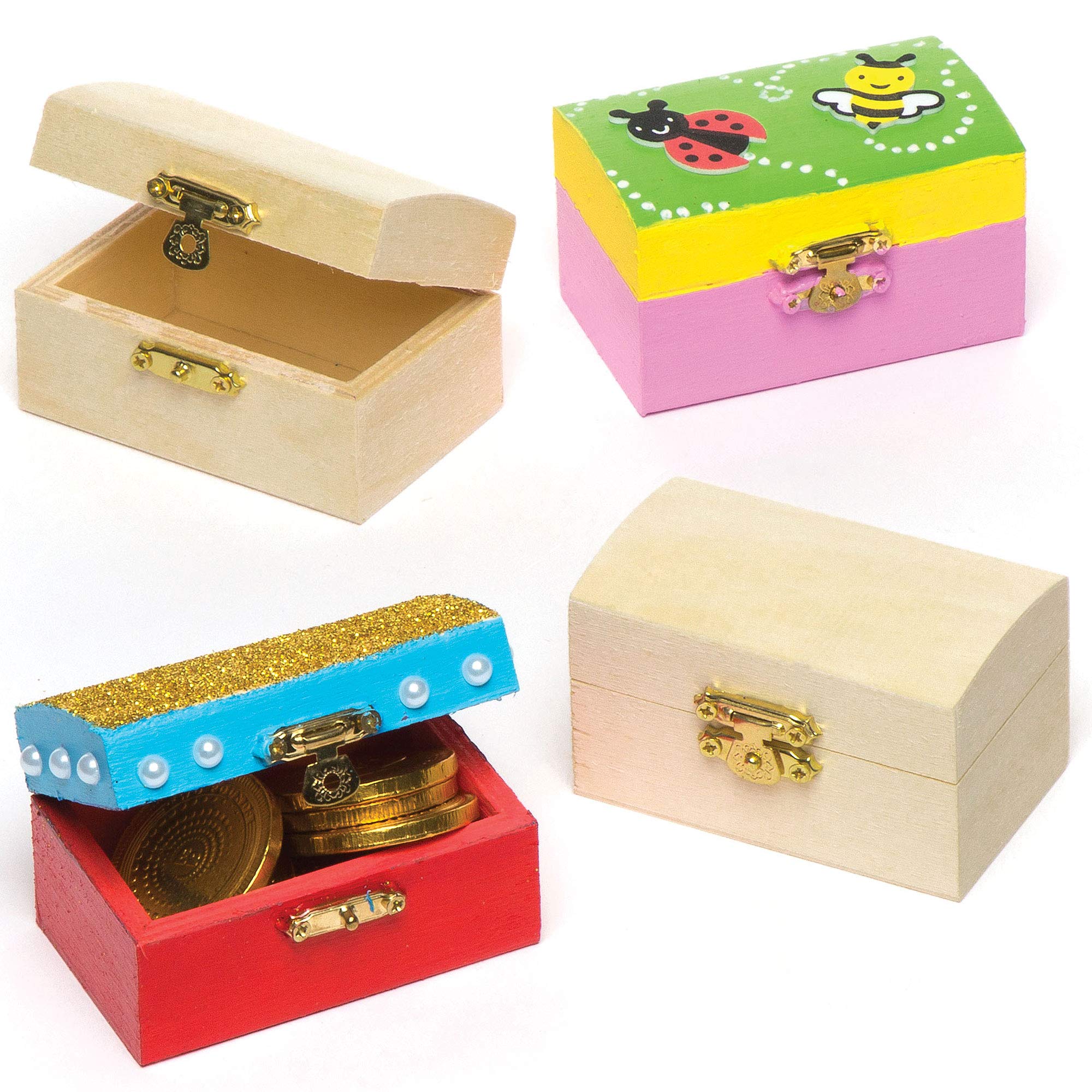 Baker Ross ET127 Mini Wooden Jewellery Box Treasure Chests, Creative Arts and Crafts for Kids (Pack of 4), 8cm x 5cm