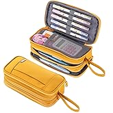 NOL Large Capacity Pencil Case Zipper Pencil Purse 3 Compartment Pencil Pouch Office Stationery Organizer Multi-functional Pencil Bag for School Girl Boy Adults - Earth-yellow
