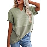 SHEWIN Womens Casual V Neck Waffle Knit Tops Short Sleeve T Shirts Loose Blouses