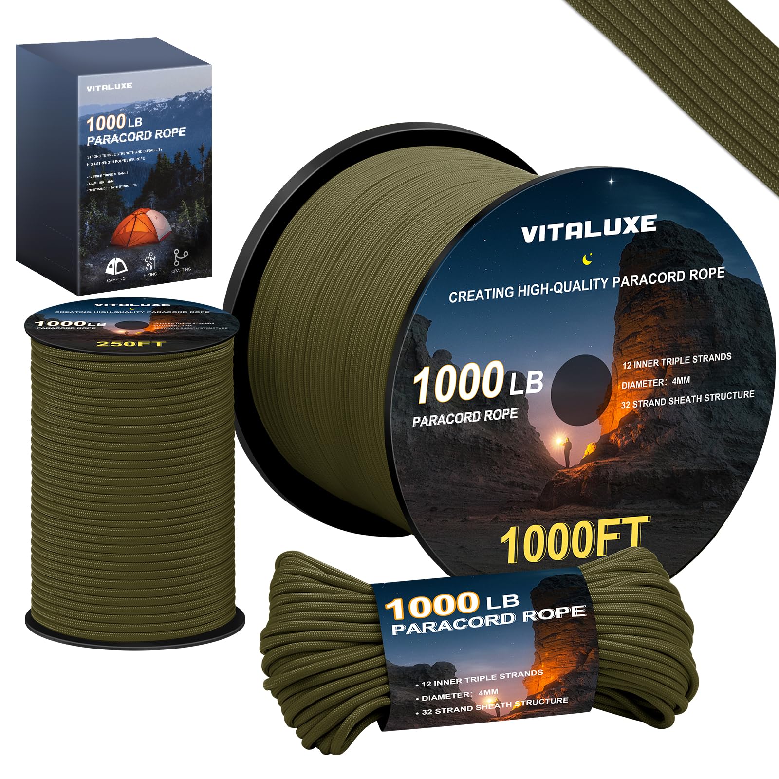 Photo 1 of VITALUXE 1000lb Paracord Rope, 4mm 12 Triple Strands Paracord, Heavy Duty Tactical Parachute Cord for Survival Gear, Camping, Hiking, and Ideal for Bracelets, Lanyards, Type III, 1000FT, Army Green