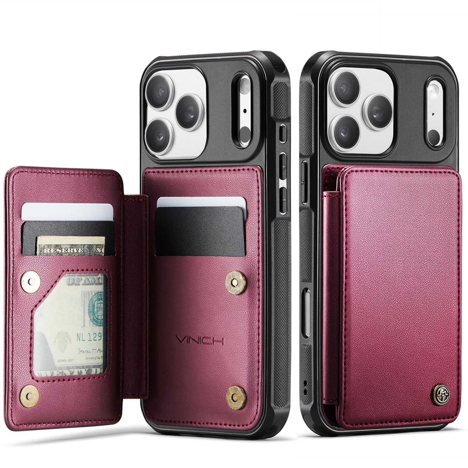 Photo 1 of Vinich for iPhone 17 Pro Wallet Case with Card Holder, RFID Blocking Credit Slots Kickstand Shockproof Phone Cover Fit for iPhone 17 Pro 6.3" Wine Red
