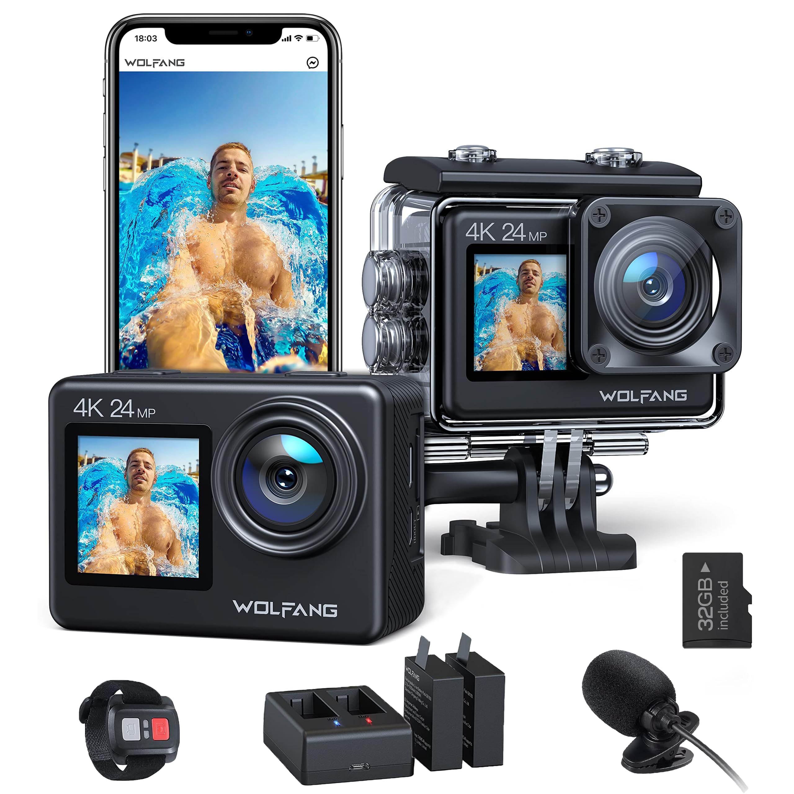 WOLFANG Action Camera 4K 24MP WiFi GA200, 40M Waterproof Underwater Camera for Snorkeling, EIS 170° Wide Angle Dual Screen Vlogging Camera with External Microphone, Charger, Remote Control
