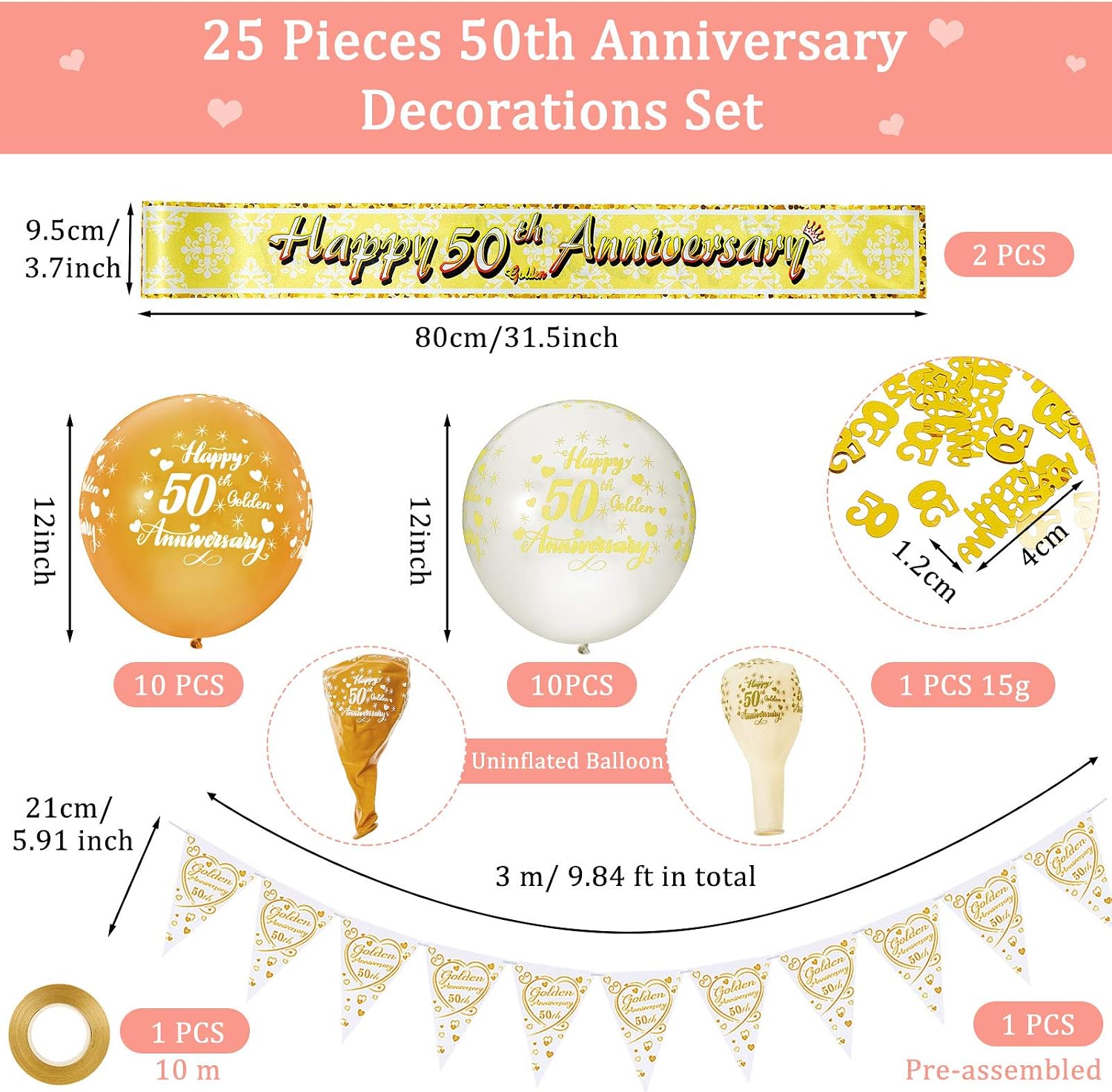 25 Pieces 50th Anniversary Decorations Set Include Happy Golden 50th Anniversary Balloons, Golden Wedding Anniversary Banner Flag, Sash Bunting and Confetti for 50th Wedding Anniversary Party Decor - Image 3