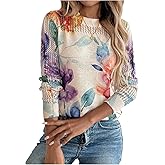 SOLY HUX Women's Floral Sweater Long Sleeve Crew Neck Hollow Out Knit Fall Casual Trendy Pullover Tops