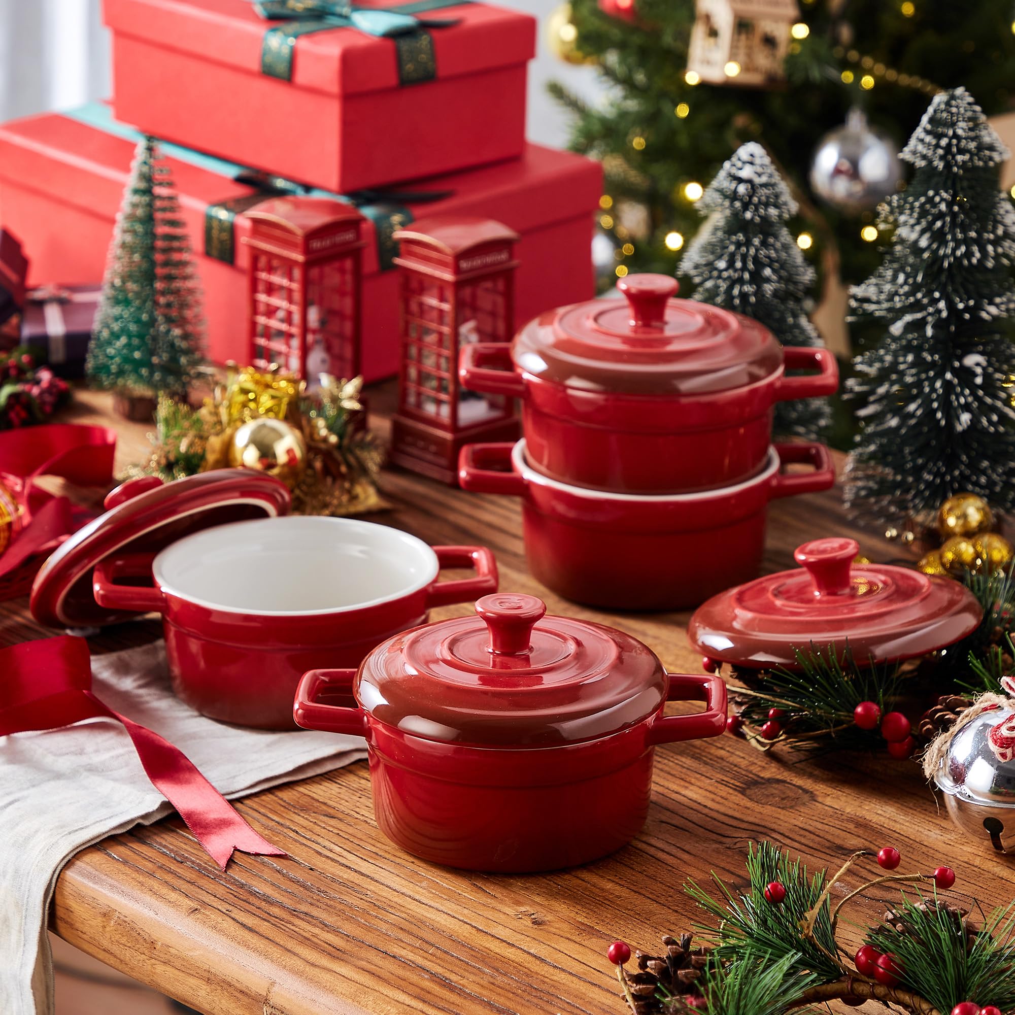 Lareina Mini Cocotte - 12oz Ceramic Casserole Dishes - Kitchen Casserole Sets With Handles And Lid - Small Baking Ramekins - Oven, Microwave & Dishwasher Safe - Set of 4 - Red