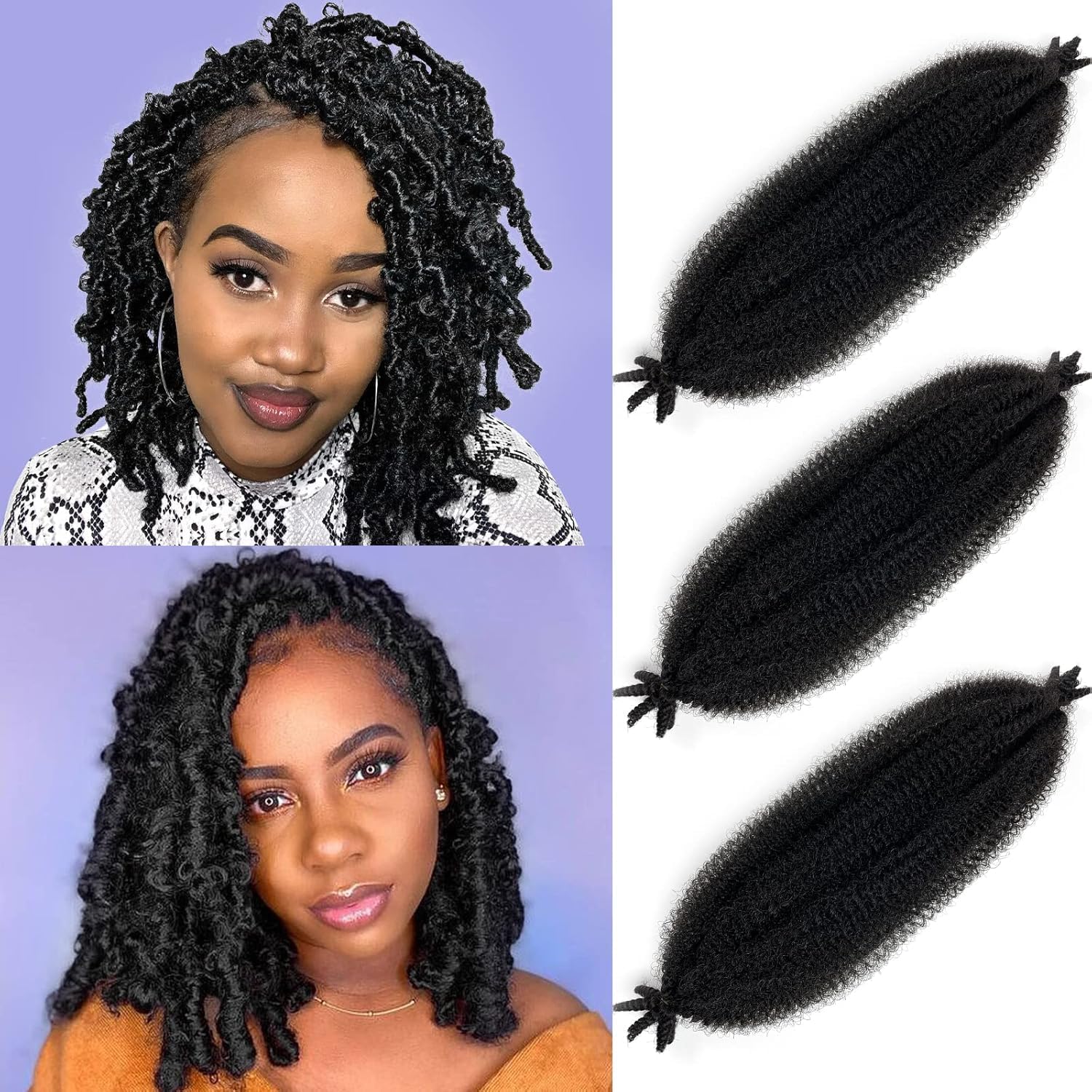 Springy Afro Twist Hair Pre-Separated Spring Twist for Faux Locs Marley Crochet Braiding Hair Extensions (1B#, 16 Inch (Pack of 3))
