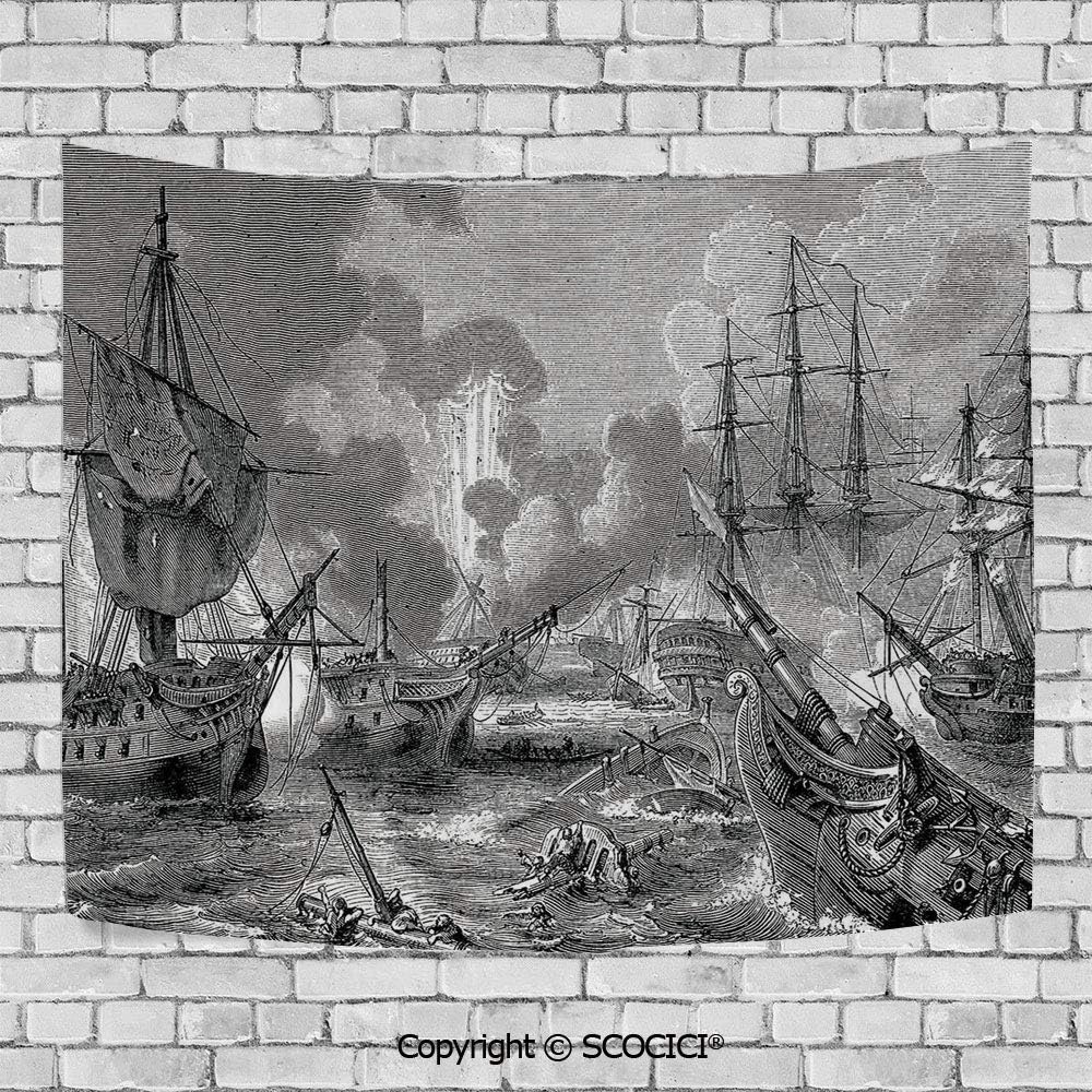 SCOCICI Wall Tapestry Hanging 3D Printing Tree Tapestry Wall TapestryLiving Room Bedroom,War Home Decor,Battle of Navarino Naval Armada Sinking Sailing Vessels War Portrait,Black and White