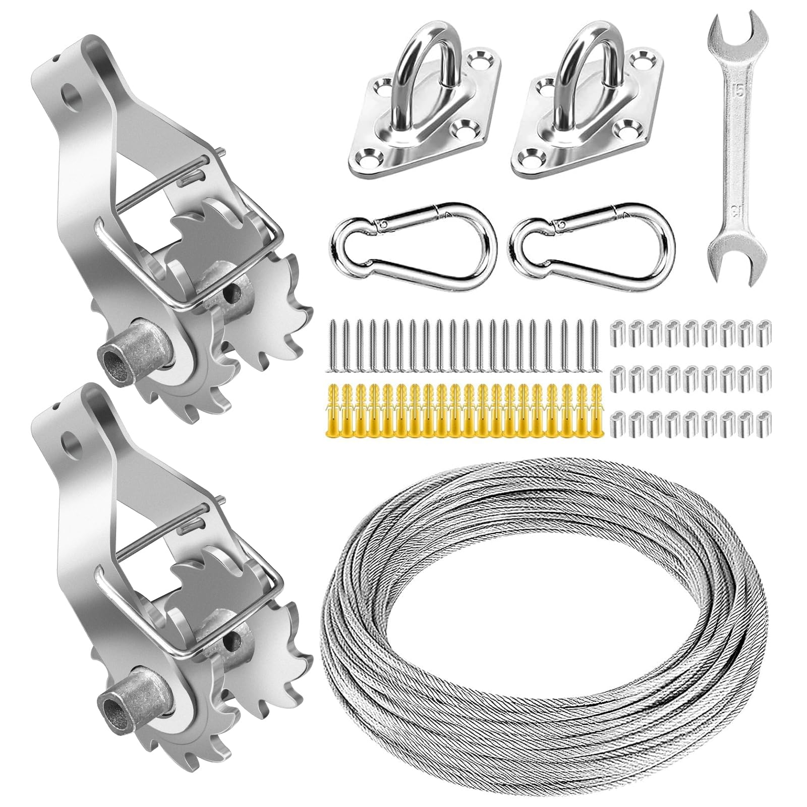 FZENeast Awning Attachment Set, Anti-Rust Stainless Steel Sun Shade Hardware Kit with Winches Cables and Hardware for Rectangle Square Triangle Shade Sail Installation