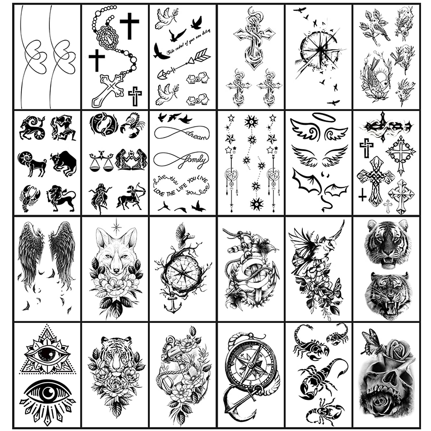 Yazhiji 36 Sheets Temporary Tattoos Stickers, 12 Sheets Halloween Tattoo Scary Lion Wolf Skull Fake Body Arm Chest Shoulder Tattoos for Men or Women with 24 Sheets Tiny Black Tattoos (9.45