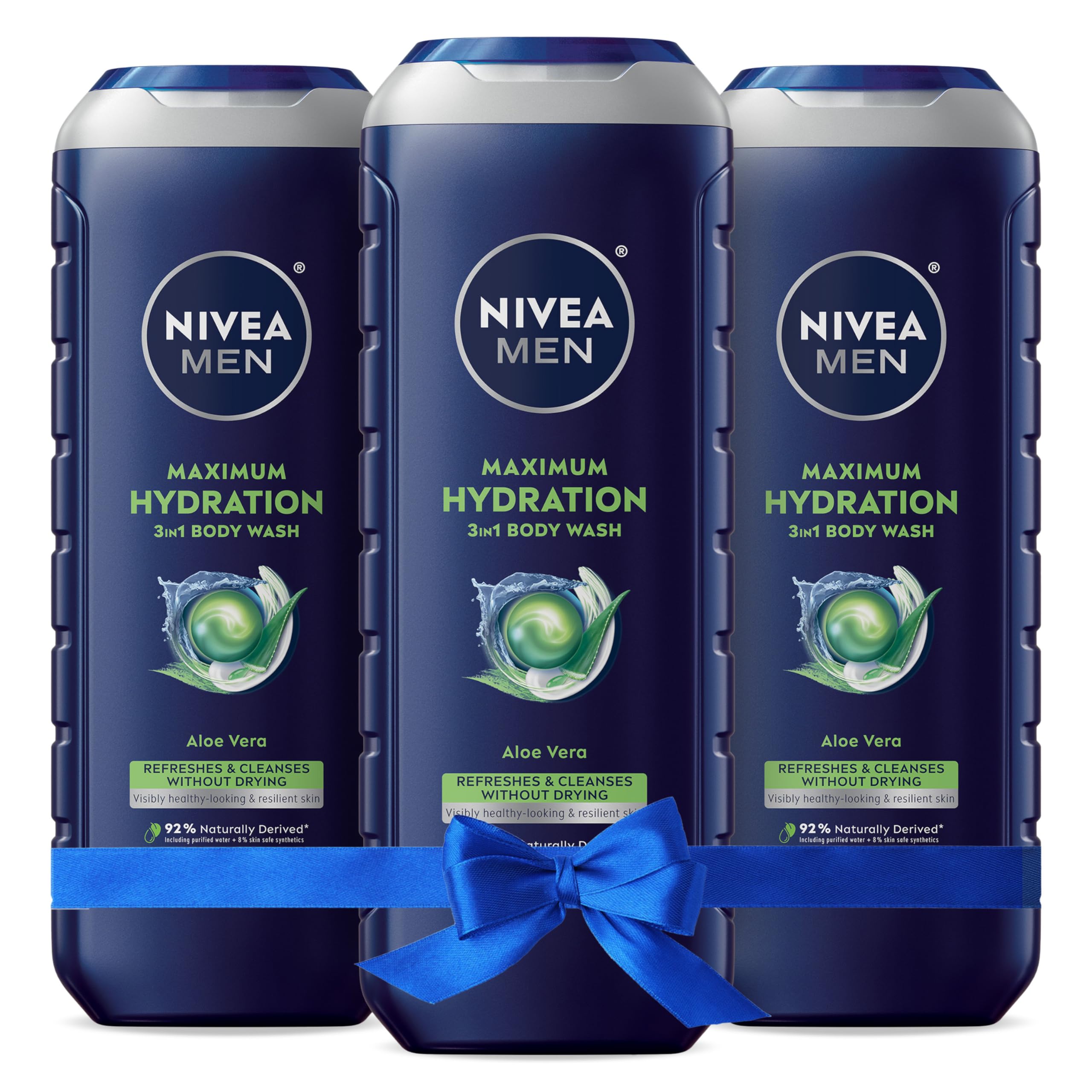 Photo 1 of **2 pcs**Nivea Men Maximum Hydration Body Wash for Dry Skin, Aloe Vera Enriched, 3-in-1 Moisturizing Body Wash, Face and Hair, Paraben Free, Vegan Formula, 16.9 Fl Oz Bottle, Pack of 3