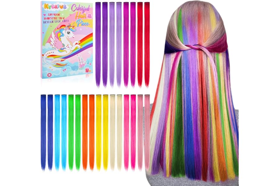 Christmas Gift Stocking Stuffers for Girls 24PCS Colored Clip in Hair Extensions Age 4 5 6 7 8-10-12 Year Old, 20Inch Colorful Hair Accessories Rainbow Hairpieces Birthday for Girls Easter Valentines