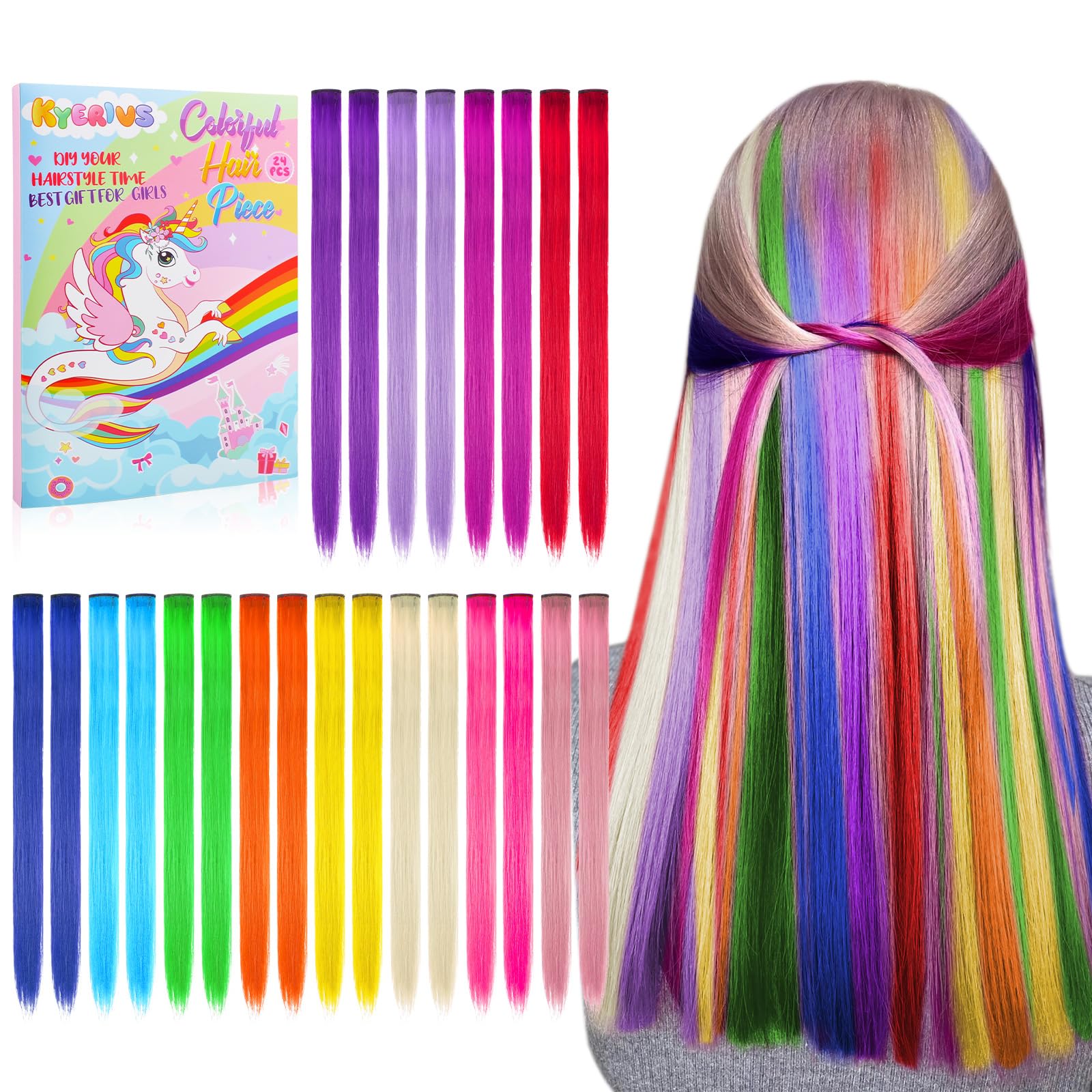 Photo 1 of 24PCS Colored Clip in Hair Extensions Birthday Gift for Girls Age 4 5 6 7 8-10-12 Year Old, 20Inch Colorful Hair Accessories Rainbow Hairpieces Christmas Stocking Stuffers for Girls Easter Valentines