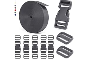 1 inch Buckles and Straps Set, 10 yards Polyester Webbing, 6 pack Side Release Plastic Buckles, 12 pcs Tri-Glide Slide Clips