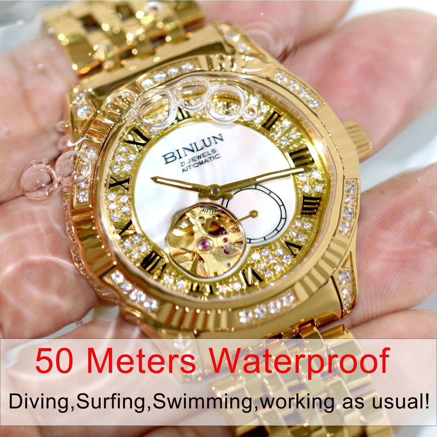 BINLUN Mens Watches Automatic Mechanical Double Sided Skeleton Gold Watch Automatic Mens Watches 18K Gold Plated Luxury Watches, Gold 9, Fashion