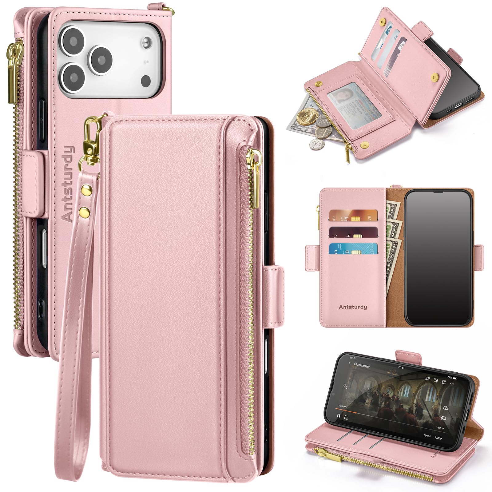 Antsturdy Compatible with iPhone 17 Pro Wallet Case Women,RFID Blocking PU Leather Phone Case Men Kickstand Flip Cover Wrist Strap Zipper Credit Card Holder Slots for Apple 17 Pro 6.3",Rose Gold