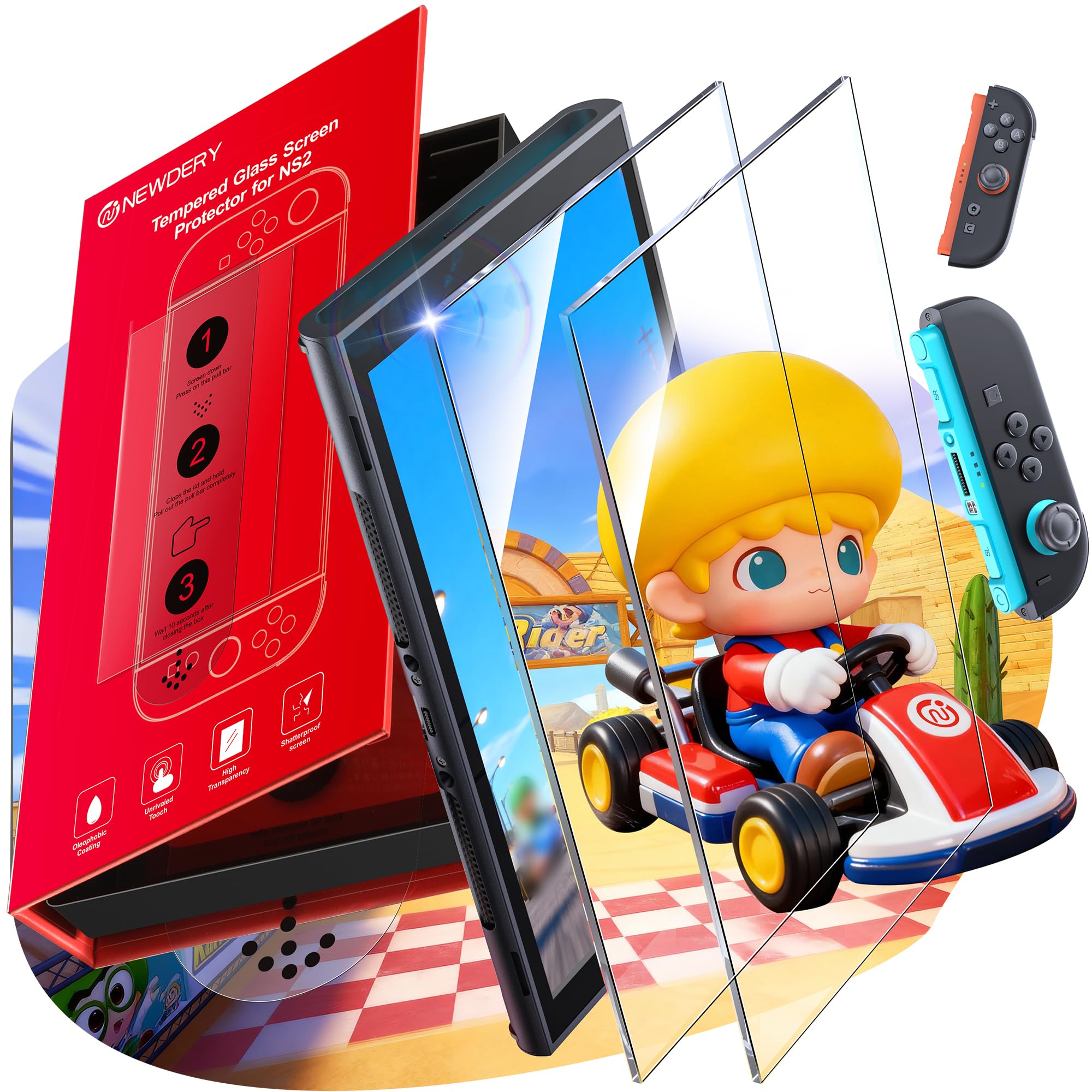 NEWDERY Displayschutzfolie für Nintendo Switch 2, 9H gehärtetes Glas, automatische Ausrichtung, blasenfreie, Anti-Fingerabdruck, kratzfest, Touchscreen‌‌, HD-klare Vollabdeckung, 2er-Pack