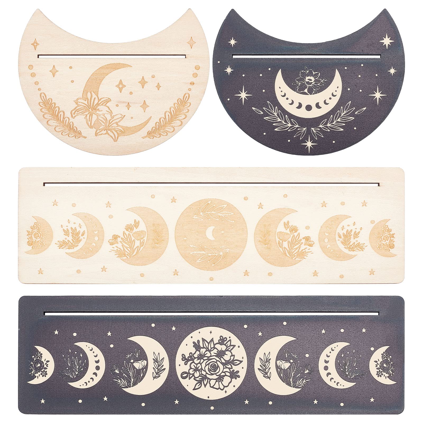 GORGECRAFT 4 Pieces 2 Colors Wooden Tarot Card Stand Holder Moon Phase and Flowers Pattern Tarot Card Black Altar Stand Rectangle Moon Shape Tarot Card Display Holder for Witch Divination Supplies