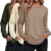 Ficerd 3 Pack Women's Long Sleeve Shirts, Cotton Crew Neck Tunic Tops Casual Loose Fit Pullover Sweatshirts Curved Hem Shirts