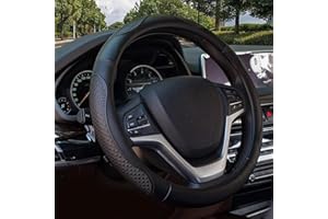 Valleycomfy Leather Steering Wheel Covers Universal 15.75 inch -Breathable, Anti Slip & Odor Free (Black with Black Lines,L(15" 1/2-16"))