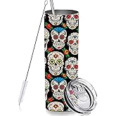 RNFENQS Sugar Skull Skinny Tumbler Cup with Straw Lid, 20 OZ Stainless Steel Insulated Vacuum Slim Travel Coffee Mug for Skull Lover