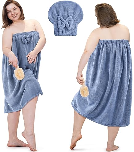Plus Size Bath Skirt & Shower Cap Wearable Bath Towel For Women Plus Size Shower Wrap Dress Post Bath Comfort 275066