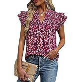 CFLONGE Summer Tops for Women 2026 V Neck Ruffle Short Sleeve Business Casual Blouse Dressy Work Floral Tunic Going Out Tops