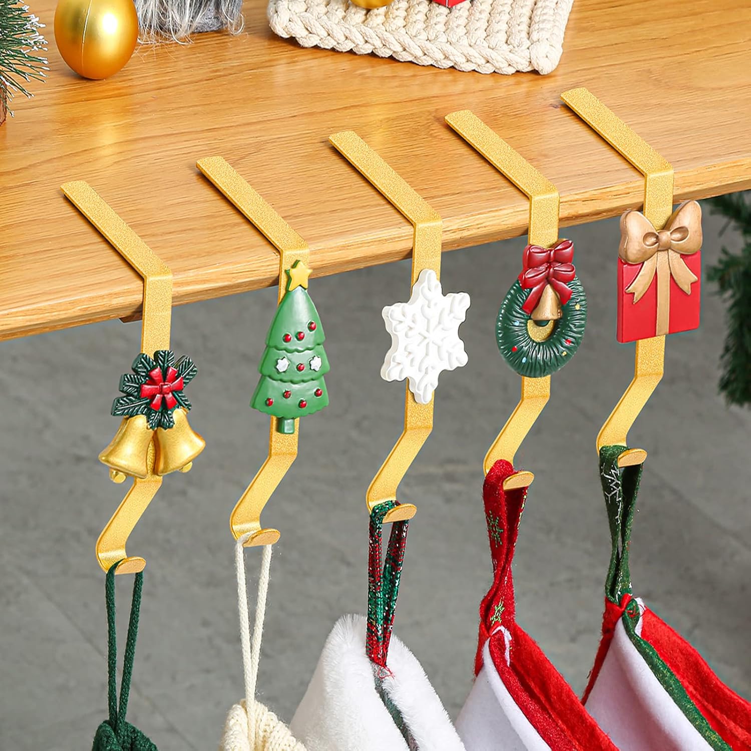 Ornament Hooks - Phedrew 5pcs Christmas Metal Stocking Holders Mantel Hooks Hanger Christmas Stocking Clips, Sock Holder Fireplace Hook Hanger for Christmas Party Decoration, Gold